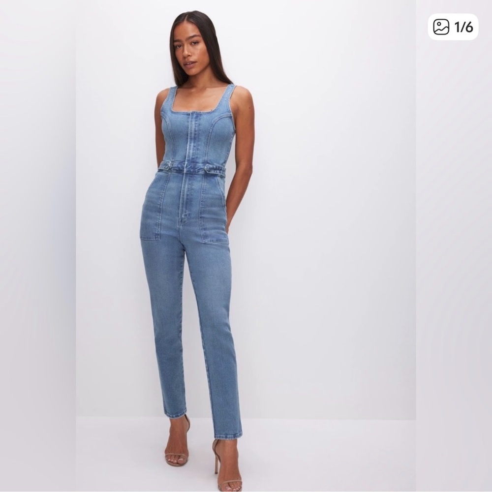 Good American Light Blue Denim Overalls Jumpsuit